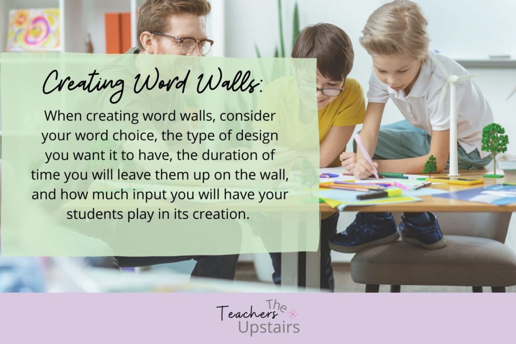 Picture shows teacher creating word walls with students.