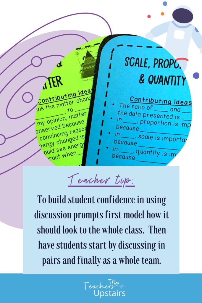 Example of Next Generation Science Standards Crosscutting Concepts discussion cards with a teacher tip on how to implement.
