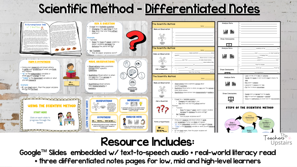 Image shows differentiated guided notes for the Scientific Method.