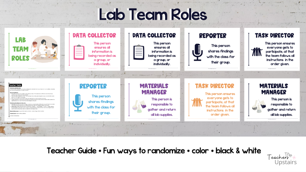 Image shows 4 different lab team roles for the science classroom.