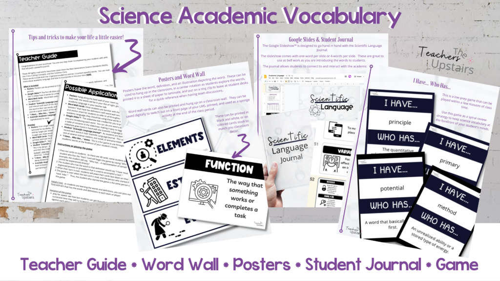 Image shows science vocabulary and four ways to use this resource.