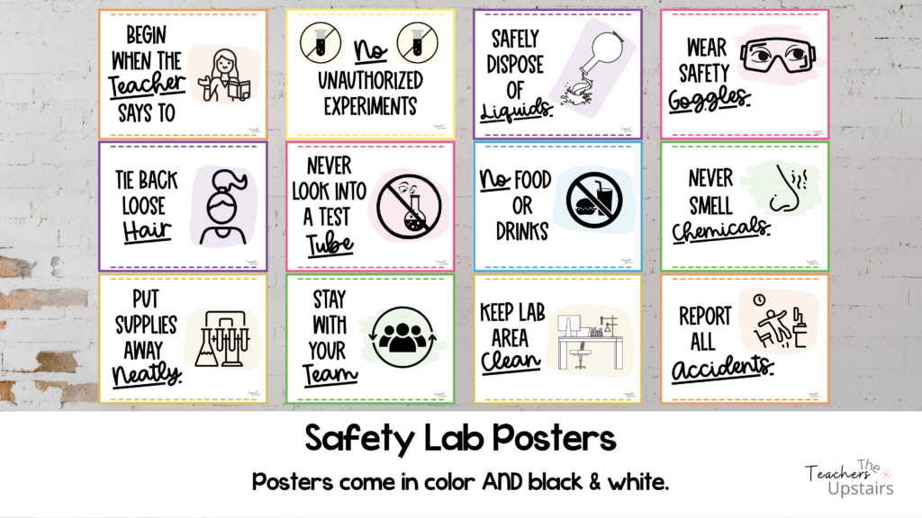 Image shows 12 lab safety posters.