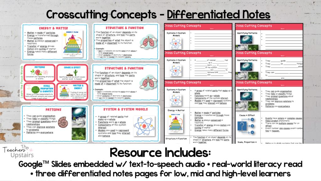 Image shows differentiated guided notes for crosscutting concepts.