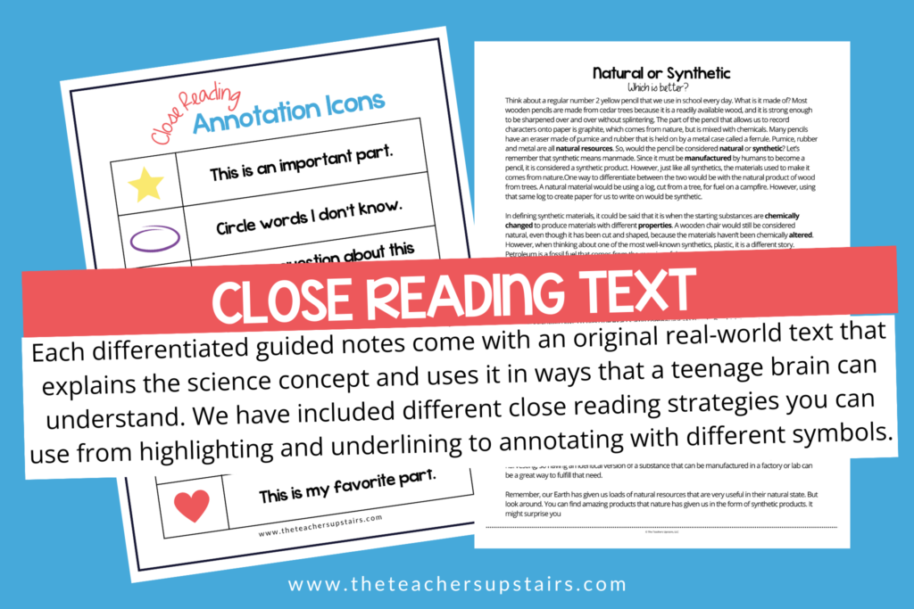 Image shows close reading strategies to help students with notes on science.