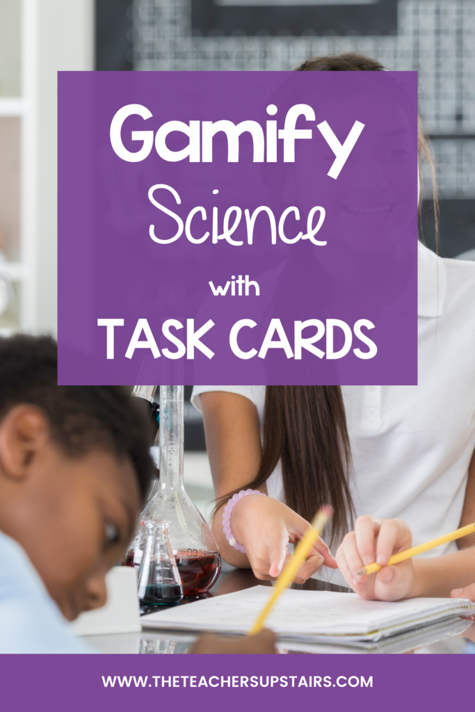 Image show students playing a game with task cards.